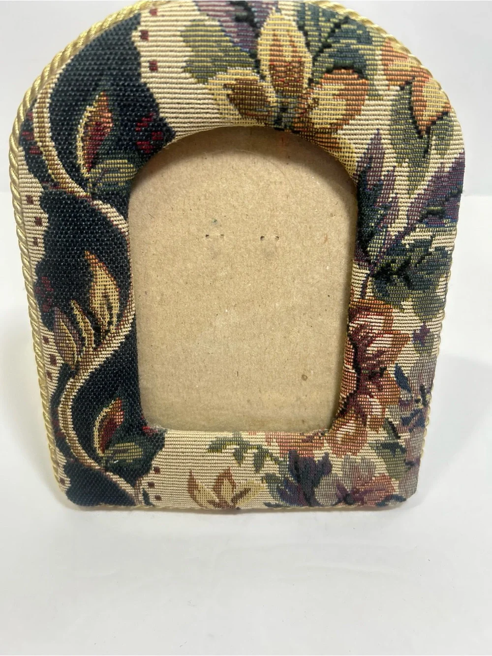 Vintage Floral Tapestry Picture Frame W/ Arched Top Twisted Gold-Tone Cord Trim